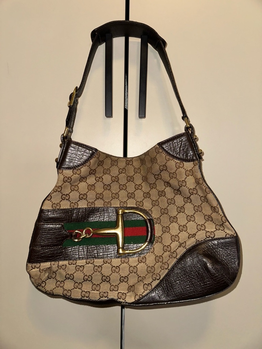 Gucci Vintage Brown GG Canvas & Leather Shoulder Bag with Web Stripe